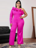 4XL Women Jumpsuits Plus Size Rose Red One Shoulder Bodycon High Waist Long Sleeve Evening Party Rompers Overalls for Ladies