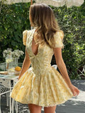 NIDANSSI Print Backless Puff Sleeve Holiday Casual Dress Women 2024 Ruffle Elegant Sexy Dress Bodycon Mini Summer Dress Vestidos