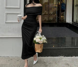 Spring European and American one shoulder pleated dress+slim fit and slimming slit bottom skirt formal dress long skirt