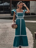Fashion Print Dress Women Elegant Square Collar Flying Sleeve Female Maxi Dresses 2024 Spring Summer Vacation Lady Vestidos
