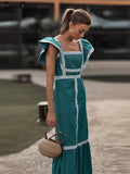 Fashion Print Dress Women Elegant Square Collar Flying Sleeve Female Maxi Dresses 2024 Spring Summer Vacation Lady Vestidos