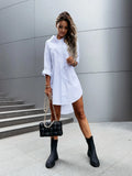 Women's Solid Color Button Front Shirt Dress - Casual Long Sleeve Lapel Dress for Spring & Fall