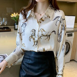 Women Spring Shirt Horse Print Lapel Single-breasted Long Sleeves Lady Shirt Loose OL Style Age Reducing Women Blouse For Work