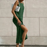 Green Tank Dresses Summer Cotton Linen Sleeveless Straight Split Dress 2023 All-Match Midi Dress Vacation Style Dress Vestidos