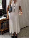 Tossy White Knit Fashion Maxi Dress For Women Short Sleeve Patchwork Elegant Party Dress Lapel High Waist Knitwear Women's Dress