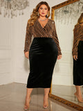 1XL 4XL Plus Size Dress Deep V Long Sleeve Sequins Wrap Party Dress Solid Black Skirt Sexy and Comfortable Velvet Evening Dress