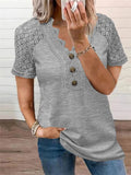 2024 Elegant Hollow Out Lace V Neck Short Sleeve T-Shirt Women Three Buttons Decoration Tops Female Office Commuter Casual Tees