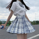 Japanese Uniform Korean School JK Uniform Shirt Plaid Skirt Set South Korea Students Short Sleeve Pleated Skirt Set Girl Seifuku