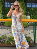Chic Printed Hanging Neck Maxi Dress for Women 2024 Fashion Summer Sleeveless Female Dresses Vacation Beach Lady Backless Robes