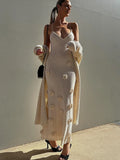 Women Elegant 3d Flower Sling Maxi Dress Knit Fashion V-neck Sleeveless Slim Dresses 2024 New White Lady Chic High Street Robes