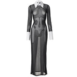 CUTENOVA Women 2024 Black Elegant Polo Neck Long Sleeve Splice Sheer Slim Dress Commute Daily Spring Casual Outfit Simple Dress