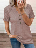 2024 Elegant Hollow Out Lace V Neck Short Sleeve T-Shirt Women Three Buttons Decoration Tops Female Office Commuter Casual Tees