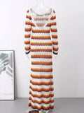 Striped Knitted Long Dress Women O-neck Backless Hollowed Out Long Sleeves Lady Bodycon Dress 2024 Spring Summer Vacation Robe