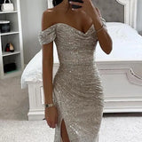 Women Elegant Dress V-Neck Off Shoulder Sequin Pleated Maxi Dress Solid Color Short Sleeve Waist Tight Prom Dress For Party
