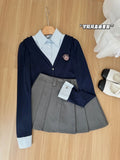 Preppy Style 2024 New Spring Women Korean JK Uniform Set Long Sleeve Navy Mock Two-Piece Shirt Top Jacket A line Skirt Suit Girl