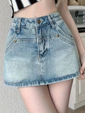 ZllKl  Hot Retro Style Mini Denim Shorts, Plain Washed Blue Denim Skorts, Women's Denim Jeans & Clothing