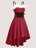 ZllKl Festive Backless Cami Dress with Faux Fur Trim - Lace Up High-Low Hem - Elegant Women's Holiday Attire