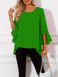 ZllKl Solid Crew Neck Blouse, Casual Ruffle Sleeve Blouse For Spring & Fall, Women's Clothing