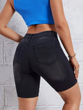 ZllKl  Plain High Stretch Cycling Denim Shorts, Zipper Button Closure Bermuda Denim Shorts, Women's Denim Jeans & Clothing
