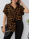 ZllKl Plus Size Casual Blouse, Women's Plus Leopard Button Up Bat Sleeve Turn Down Collar Blouse