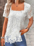 ZllKl Solid Lace Square Neck Blouse, Elegant Short Sleeve Blouse For Spring & Summer, Women's Clothing