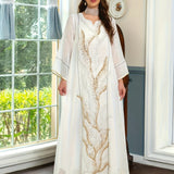 ZllKl Contrast Sequined Mesh Splice Kaftan Dress, Elegant Long Sleeve Notched Neck Maxi Loose Dress, Women's Clothing