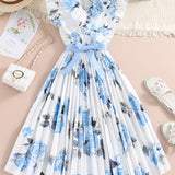 ZllKl Girls Ruffle V-Neck Blue Rose Floral Pleated Tunic Dress, Casual Elegant Dresses For Summer Going Out