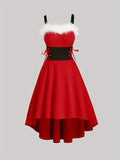 ZllKl Festive Backless Cami Dress with Faux Fur Trim - Lace Up High-Low Hem - Elegant Women's Holiday Attire