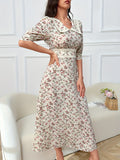 ZllKl Floral Print Collared Dress, Elegant Half Sleeve A-line Dress For Spring & Summer, Women's Clothing