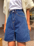 ZllKl  Blue Non-Stretch Denim Shorts, Slash Pockets Straight Legs Casual Short Denim Pants, Women's Denim Jeans & Clothing