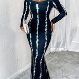 ZllKl Flattering Plus Size Stripe Off-Shoulder Mermaid Maxi Dress – Long Sleeve, Elegant Evening Wear