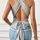 ZllKl Crisscross Tie Backless Halter Top, Sexy Solid Color Ribbed Sleeveless Top For Spring & Summer, Women's Clothing