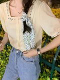 ZllKl Floral Pattern Square Neck Blouse, Elegant Short Sleeve Blouse For Spring & Summer, Women's Clothing