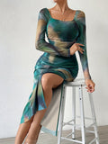 ZllKl Tie Dye Square Neck Slim Dress, Vintage Long Sleeve Split Dress For Spring & Fall, Women's Clothing