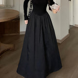 ZllKl Slim Square Neck Maxi Dress, Elegant Long Sleeve Splicing Dress For Spring & Fall, Women's Clothing