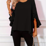ZllKl Solid Crew Neck Blouse, Casual Ruffle Sleeve Blouse For Spring & Fall, Women's Clothing