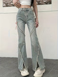 ZllKl Split Front Raw Trim Flare Jeans, Side Lace Up High-stretch Fashion Denim Pants, Women's Denim Jeans & Clothing