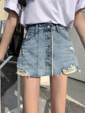 ZllKl  Women's Summer Street Style High-Waisted Denim Skirt Shorts With Single-breasted Raw Hem Button-Up Detail And Distressed Design For Casual Wear
