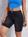 ZllKl  Plain High Stretch Cycling Denim Shorts, Zipper Button Closure Bermuda Denim Shorts, Women's Denim Jeans & Clothing