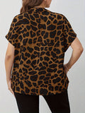 ZllKl Plus Size Casual Blouse, Women's Plus Leopard Button Up Bat Sleeve Turn Down Collar Blouse