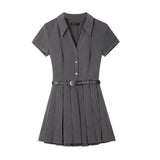 Zllkl Nessa Striped V-Neck Short Sleeve A-Line Waist Belt Pleated Mini Dress