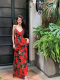Zllkl Roses are Rosie Red Floral Vintage Spaghetti Strap V-Neck Long Vacation Summer Maxi Dress