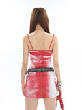 Zllkl Felicita Red Spaghetti Strap Denim Tie-Dye Design Slim Mini Dress
