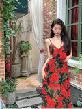 Zllkl Roses are Rosie Red Floral Vintage Spaghetti Strap V-Neck Long Vacation Summer Maxi Dress