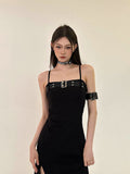 Zllkl Azelia Solid Color Black Chest Belt Strap Spaghetti Straps Square Neck Bandeau Side Slit Long Summer Dress