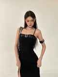 Zllkl Azelia Solid Color Black Chest Belt Strap Spaghetti Straps Square Neck Bandeau Side Slit Long Summer Dress