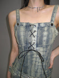 Zllkl Dania Denim Washed Pattern Wide Strap Lace Up Waist Belt Slim Mini Dress