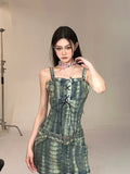 Zllkl Dania Denim Washed Pattern Wide Strap Lace Up Waist Belt Slim Mini Dress