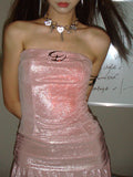 Zllkl Marabelle Solid Color Bling Shimmer Baby Pink Sleeveless Bandeau Pleated Slim Mini Dress