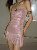 Zllkl Marabelle Solid Color Bling Shimmer Baby Pink Sleeveless Bandeau Pleated Slim Mini Dress